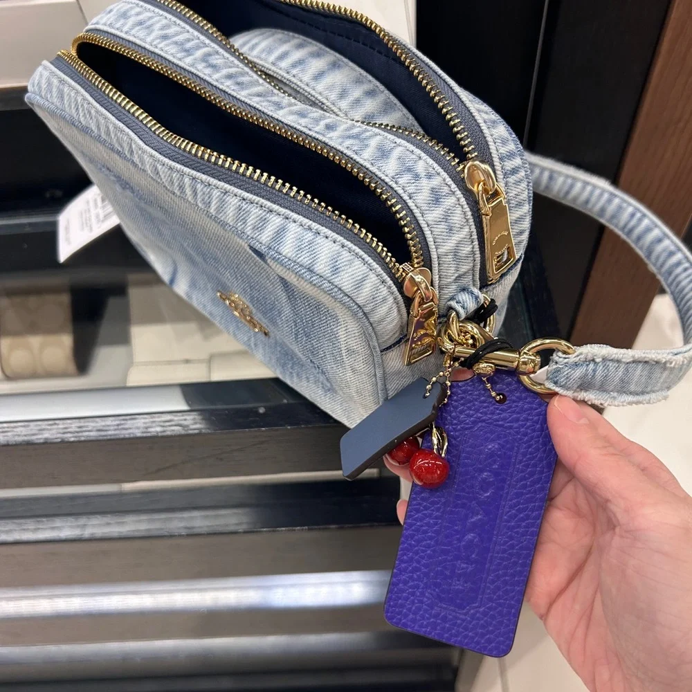 NWT🍒Coach Mini Carey Crossbody Bag In Loved Denim With Cherry Charms CEK75 Rare - Picture 4 of 8